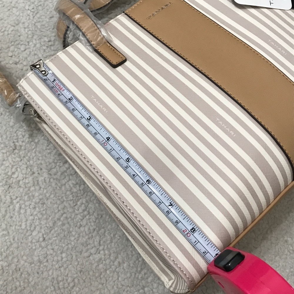 Tahari $149 MSRP Striped Satchel Bag + Dustbag Vegan Leather Cream - Picture 13 of 15